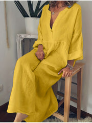  Solid Long Sleeve V Neck Maxi Dress