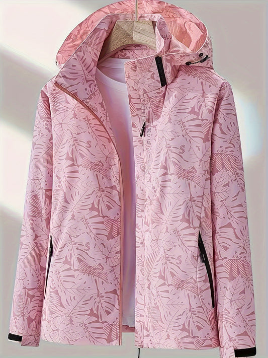 Leaf Print Outdoor Jacket With Removable Hood Women's Windproof