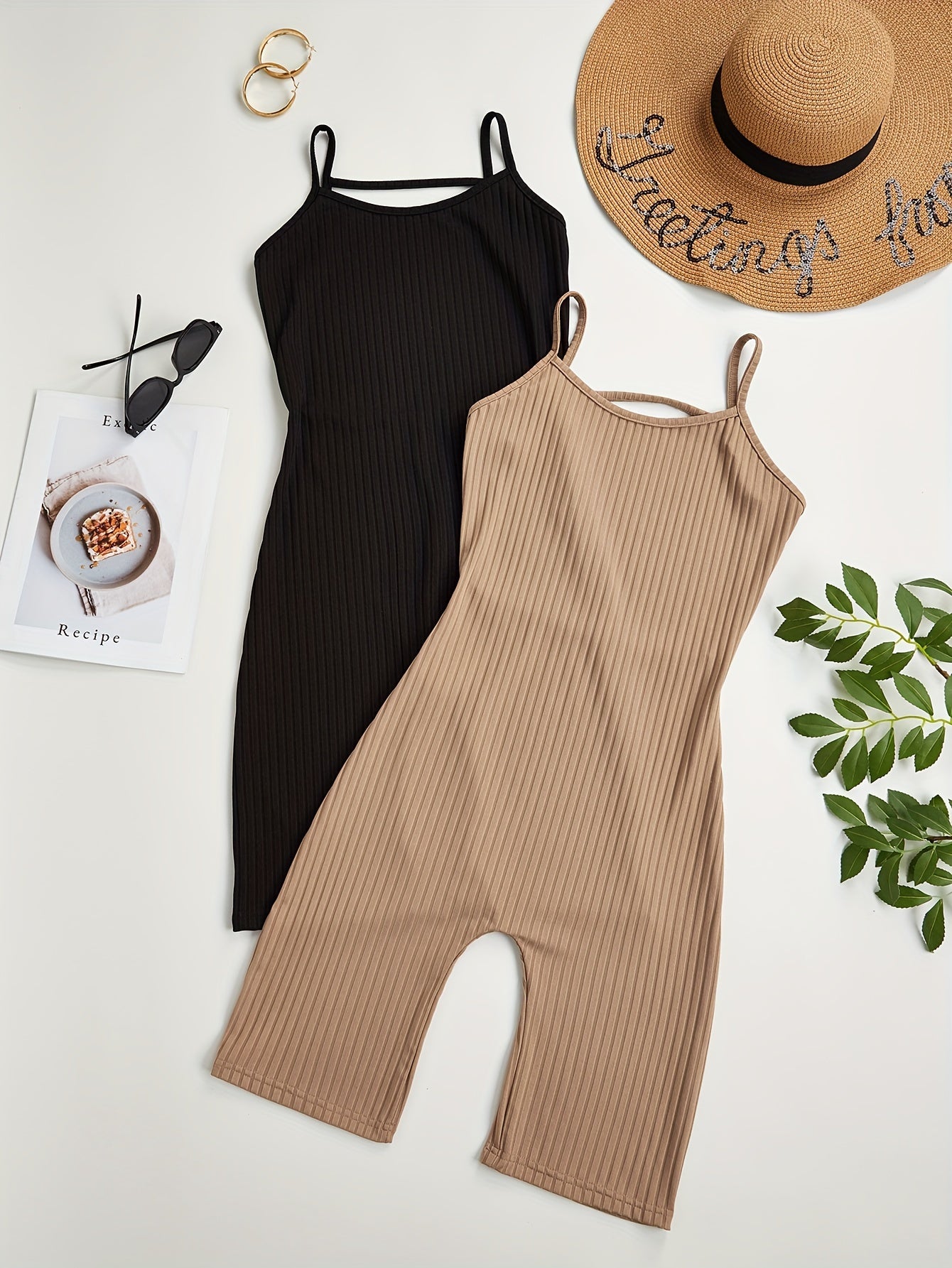 2pcs Solid Ribbed Pajama Rompers Crew Neck Backless Pajamas