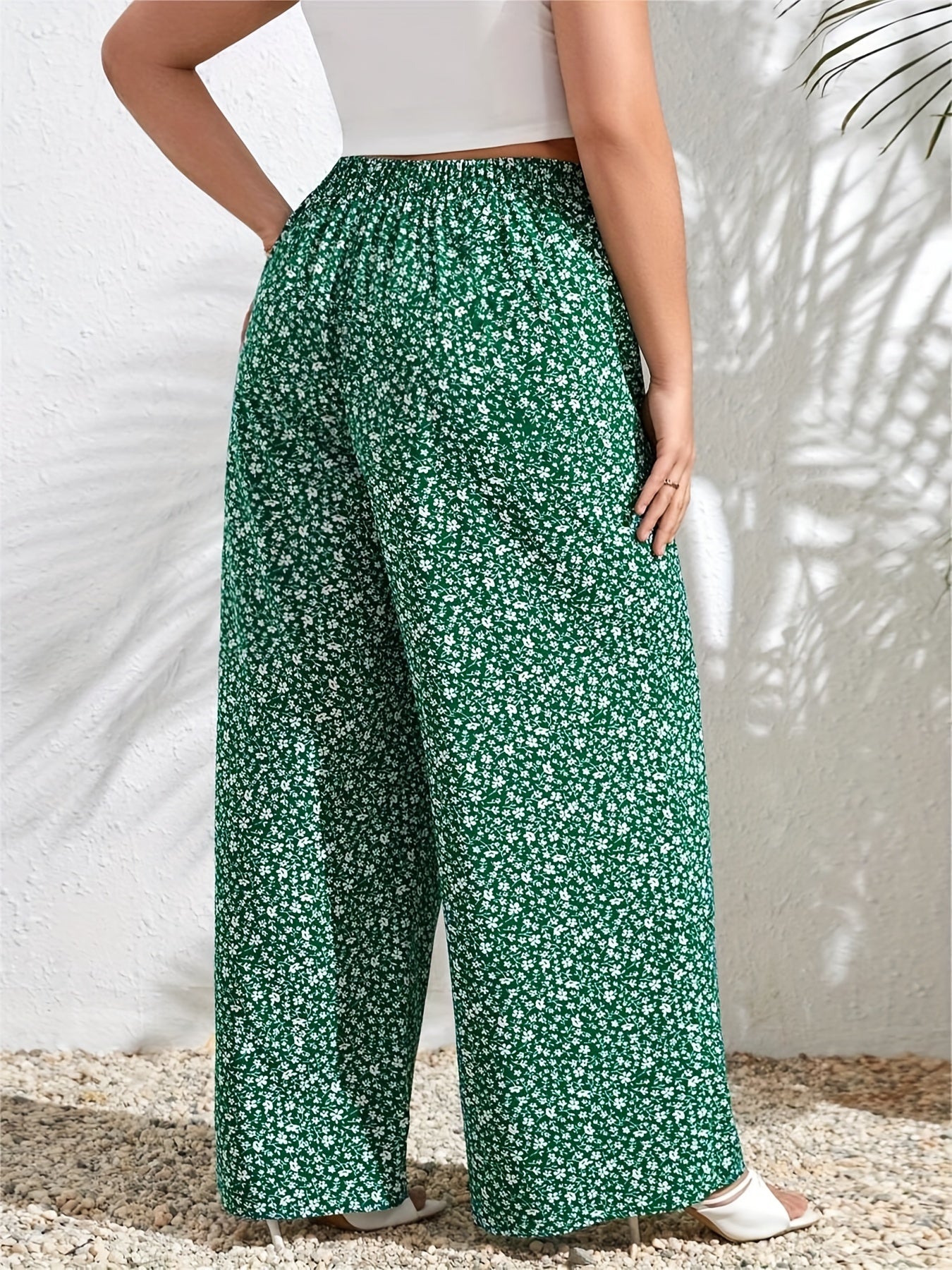  Ditsy Print High Rise Loose Wide Leg Pants