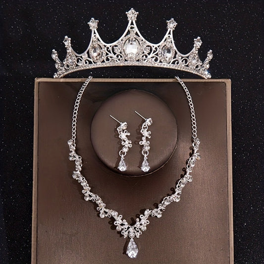 Baroque Style Crystal Crown Rhinestone Necklace Earrings Set