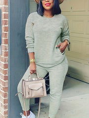 Solid 2 Pc Set Crew Neck Sweatshirt & Jogger Pants Outfit Women's Clothing
