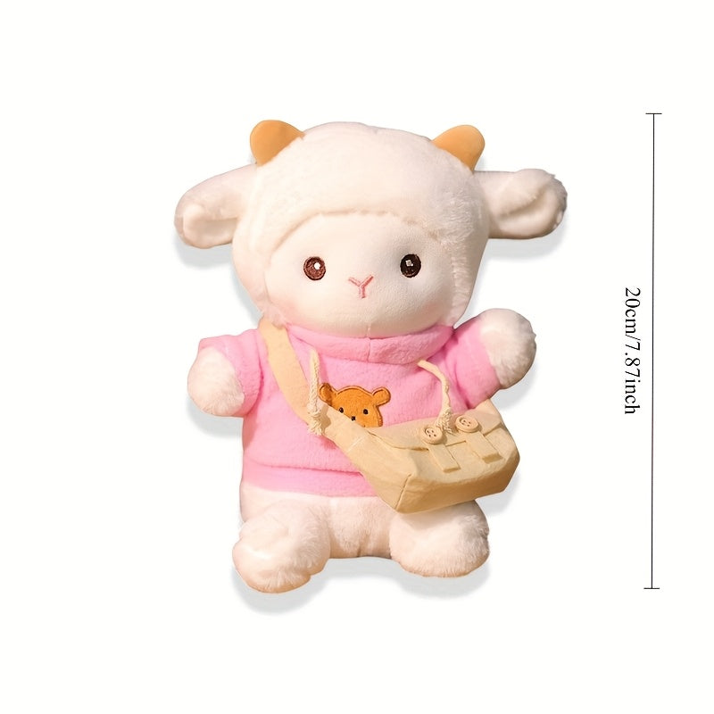 7.87in Plush Lamb Doll with Brown Horns & Bear Pattern Clothes Shoulder Bag