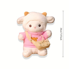 7.87in Plush Lamb Doll with Brown Horns & Bear Pattern Clothes Shoulder Bag