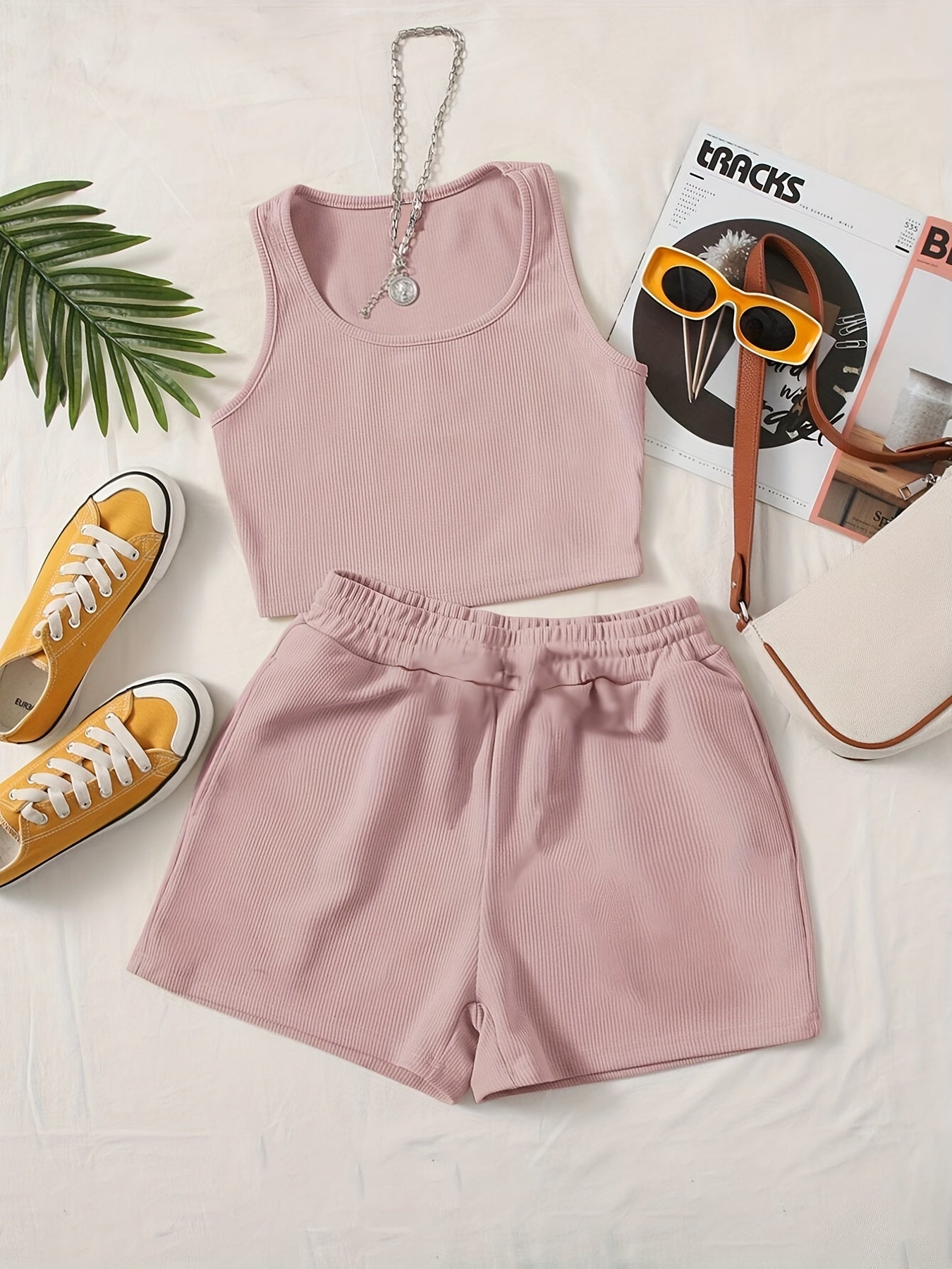  Ribbed Crop Tank Top & Shorts Set