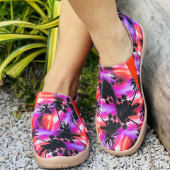 Women's Tie Dye Coconut Tree Slip On Canvas Shoes Lightweight Round Toe Flat