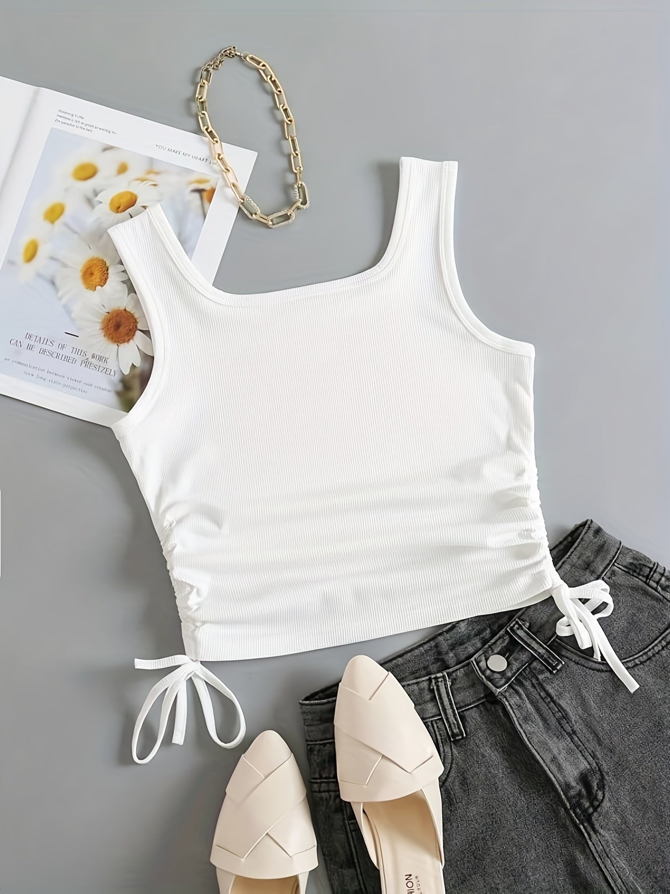Solid Drawstring Tank Top Women's Clothing