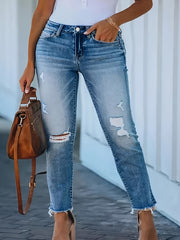  Casual Jeans High Stretch Ripped Raw Trim Button Fly