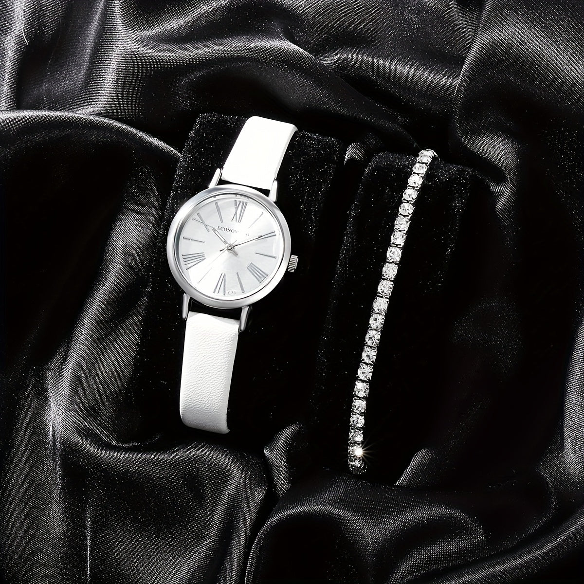 Alloy Round Quartz Watch & Rhinestone Bead Bracelet Set