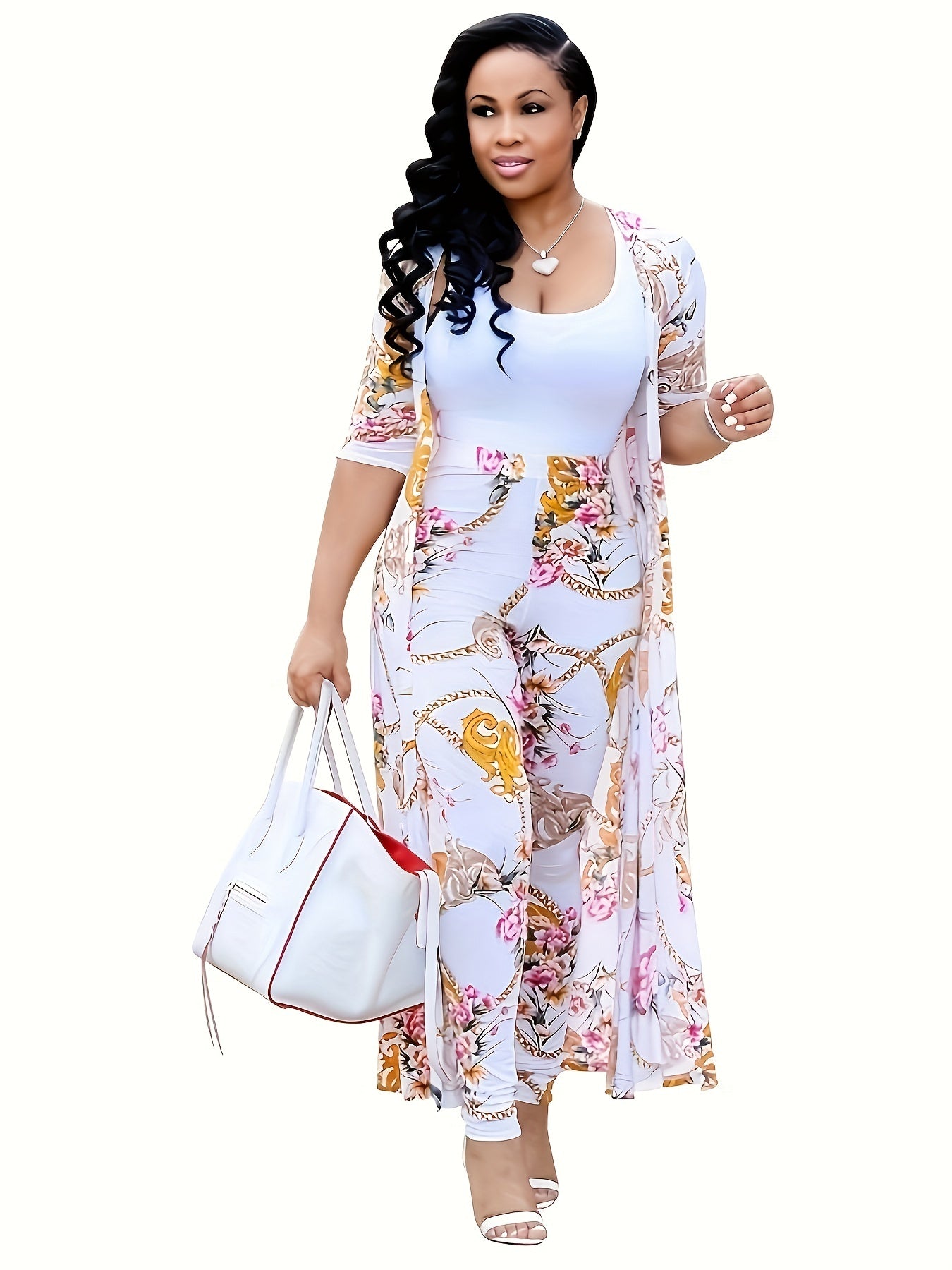 Casual Chain Print Two piece Set Long Sleeve Open Front Coat & High Waist Pants