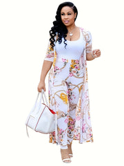 Casual Chain Print Two piece Set Long Sleeve Open Front Coat & High Waist Pants