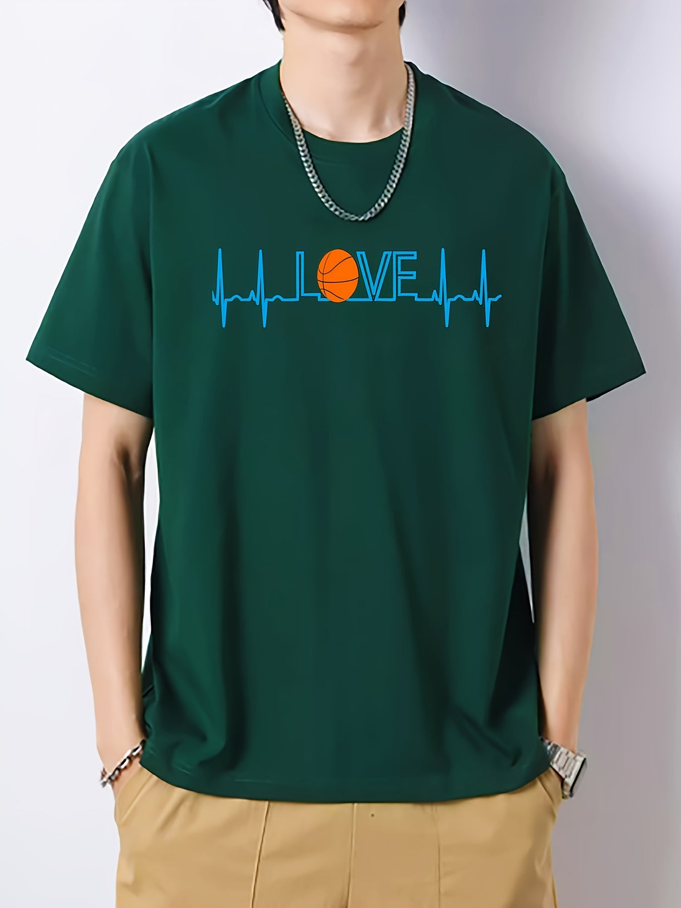 Men's Crew Neck Regular Fit Basketball Pattern T Shirt
