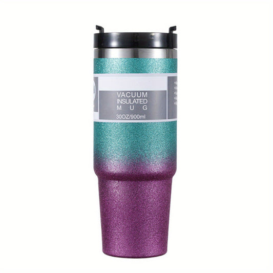 30oz Gradient Stainless Steel Thermal Cup Double Straw Personality Car Handy Cup