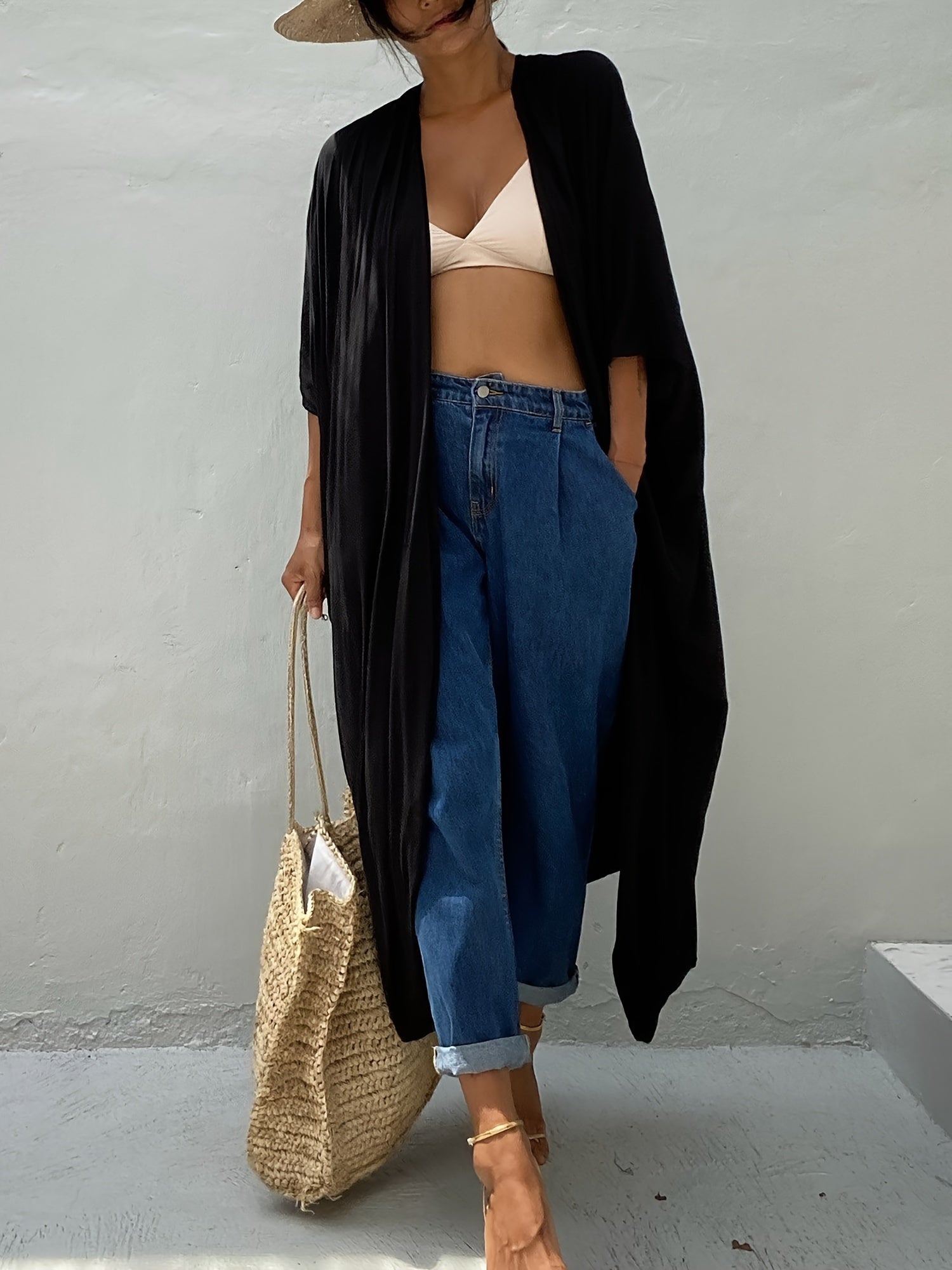 Solid Open Front Batwing Sleeve Beach Kimono