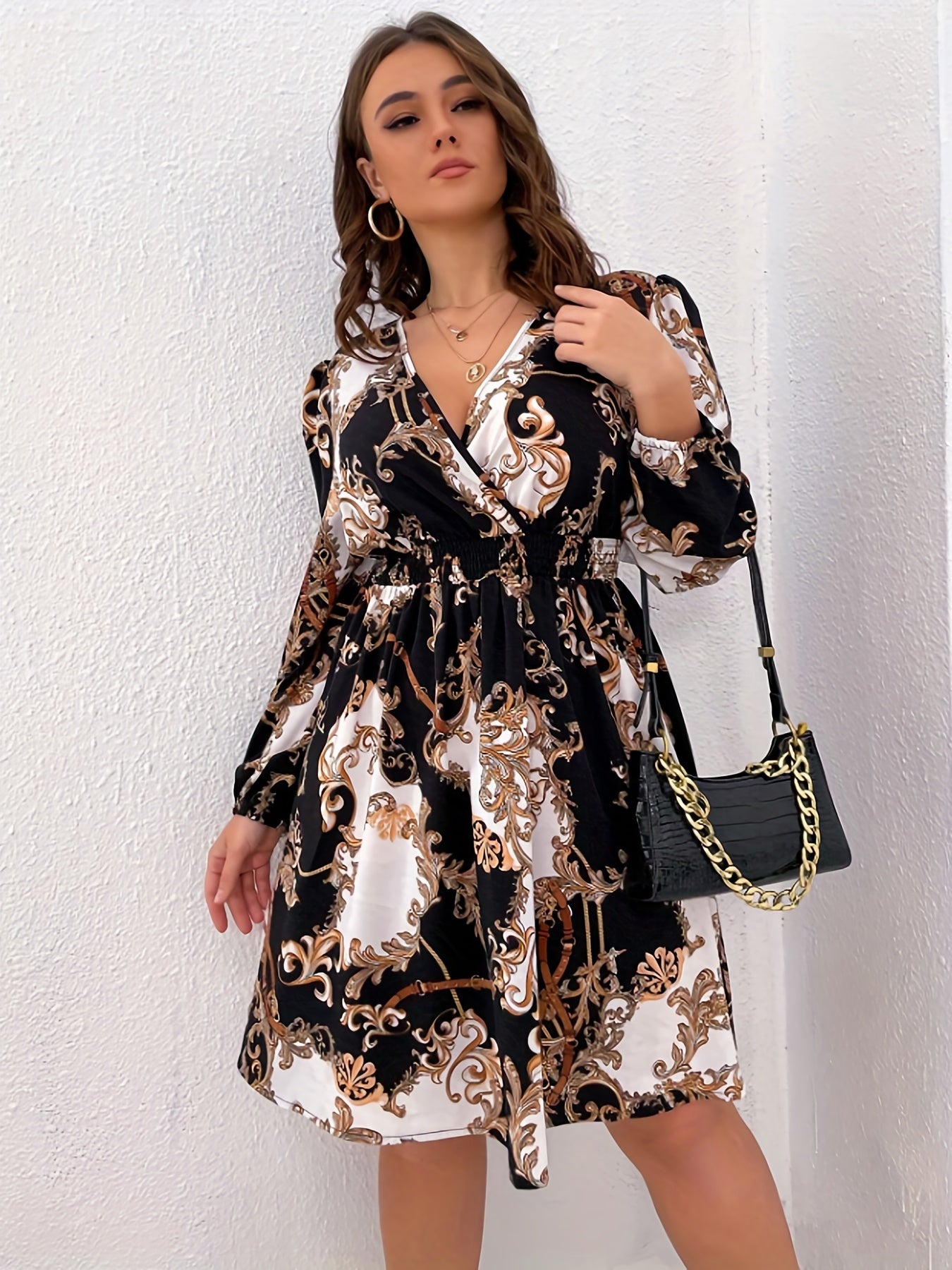  Baroque Print Lantern Sleeve Dress