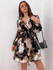  Baroque Print Lantern Sleeve Dress