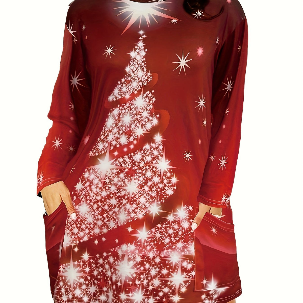 Plus Size Glitter Christmas Tree Print Long Sleeve Round Neck Dress