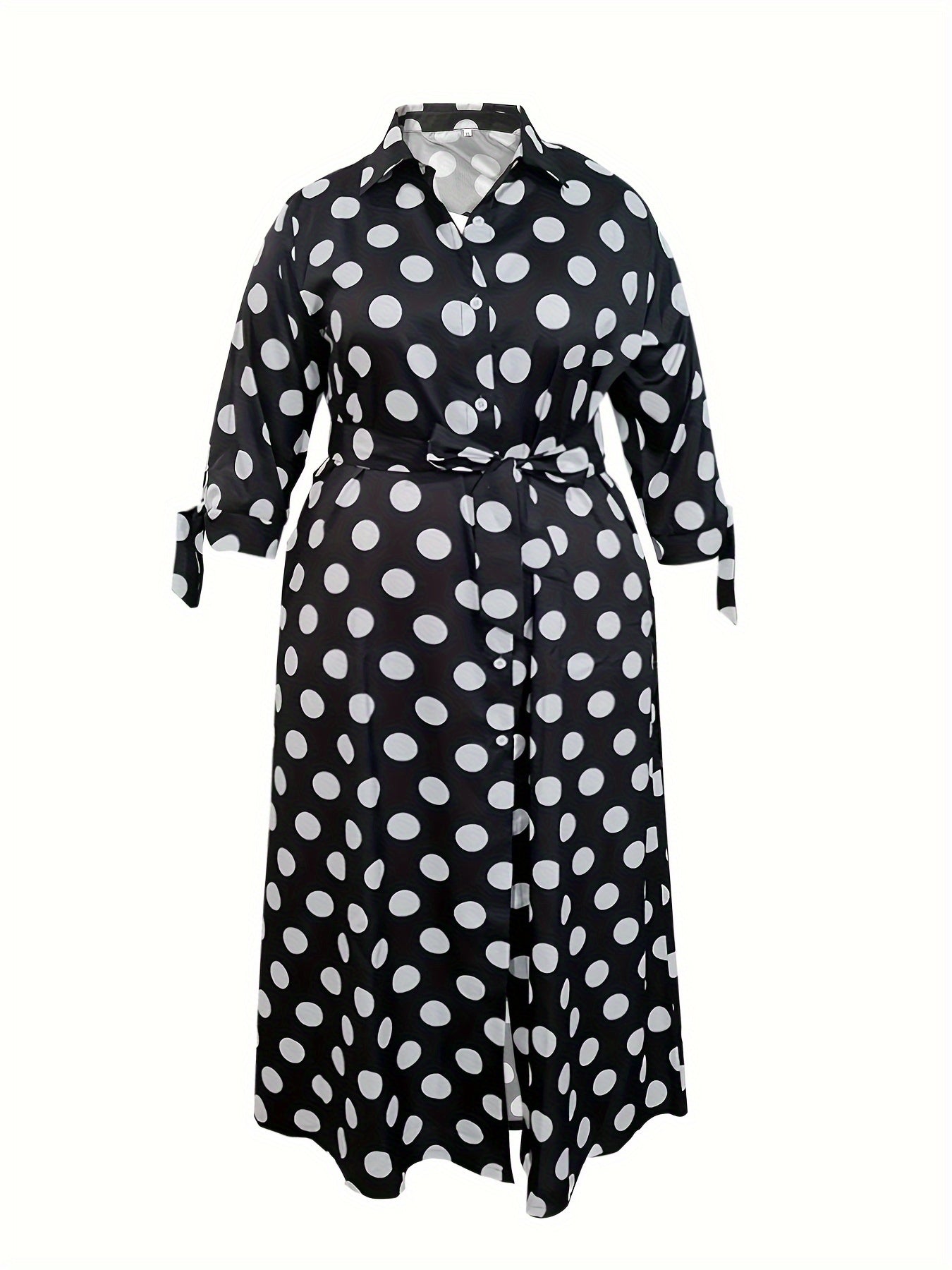  Dot Print Button Up Collar Maxi Dress