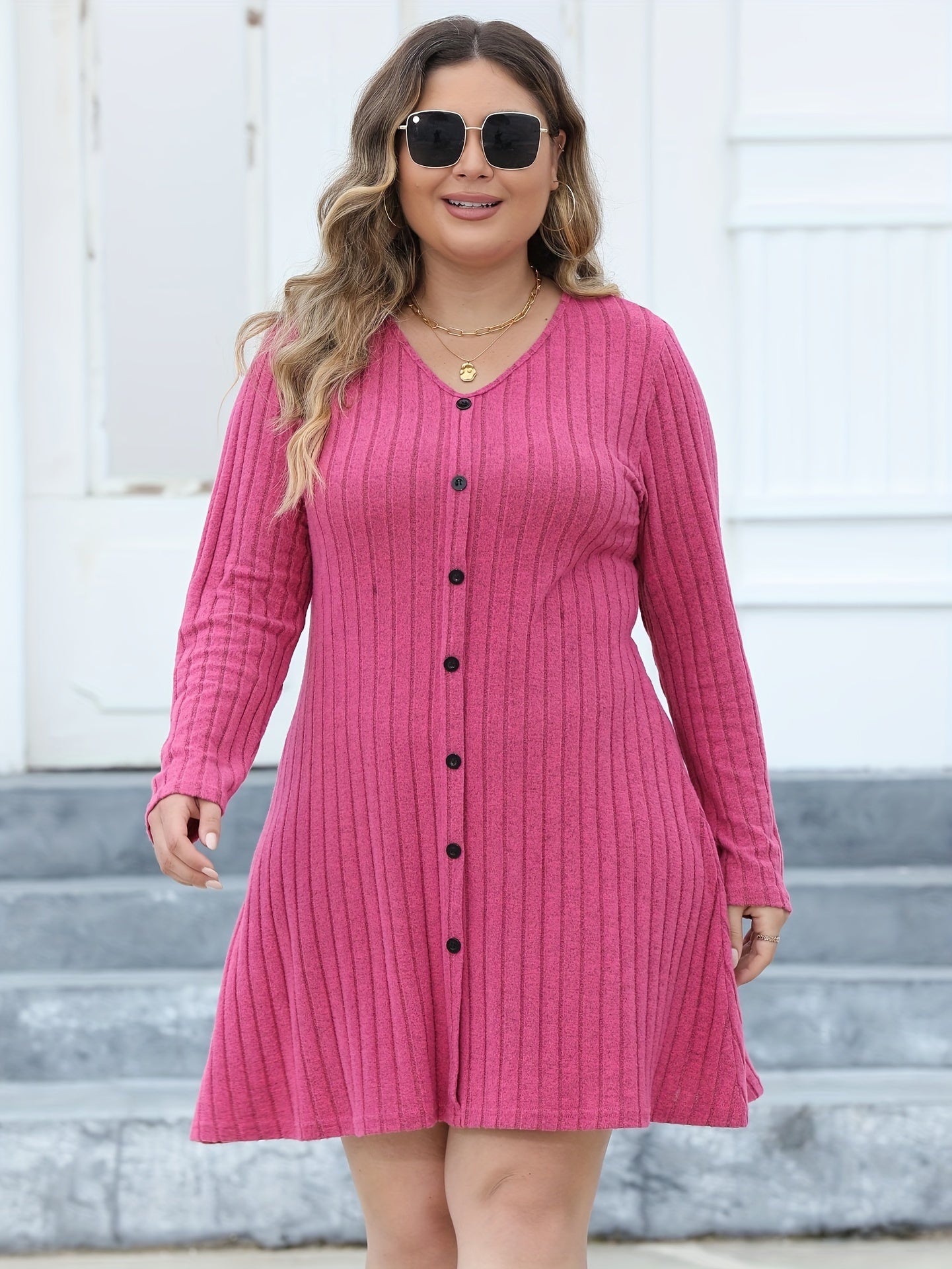  Ribbed Button Long Sleeve Mini Dress