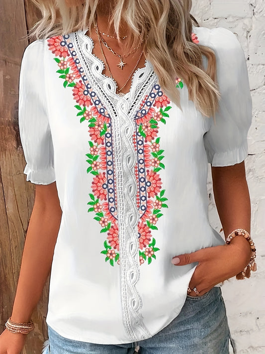  Floral Print Lace Sleeve V Neck Blouse