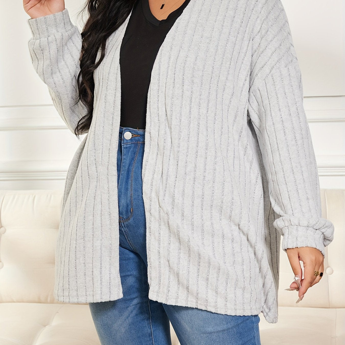  Solid Ribbed Open Front Knit Cardigan