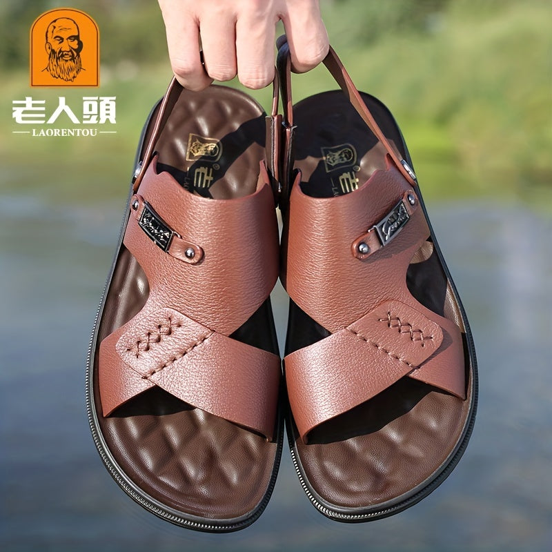 LAORENTOU Men's Leather Non Slip Sandals Wear resistant Comfy Beach Shoes
