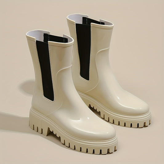 Women's Waterproof Short Boots Round Toe Platform Solid Anti Slip Rain Boots