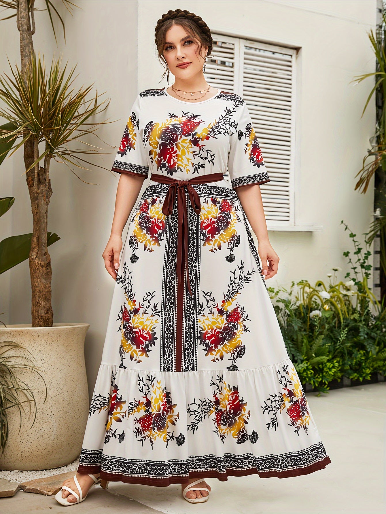 Floral Print Maxi Dress with Belt