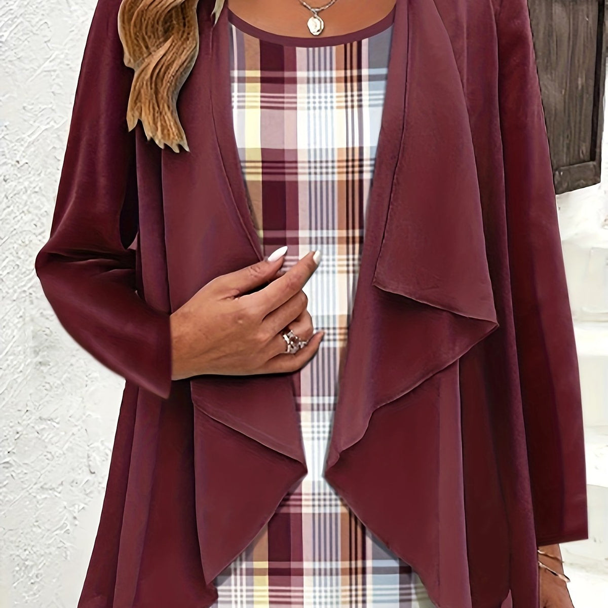  Plaid Print Cami Top & Cardigan Set for Women