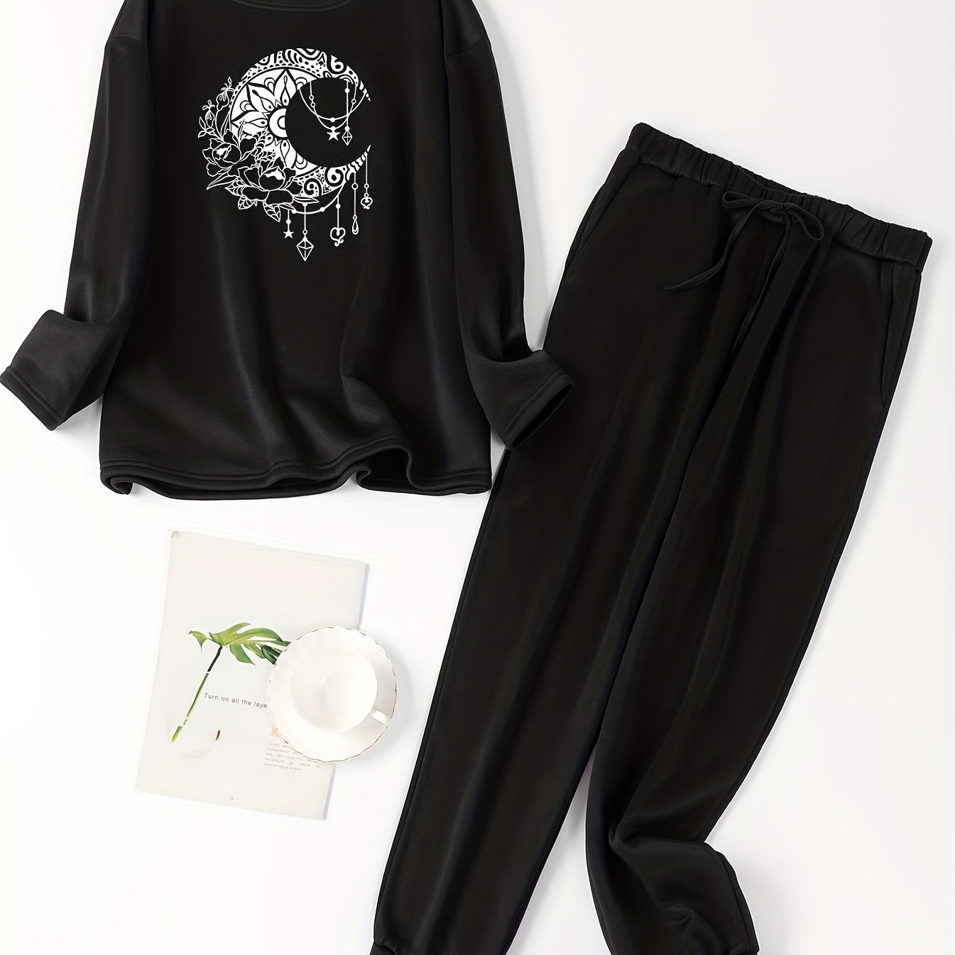  Floral Moon Print Fleece Lounge Set