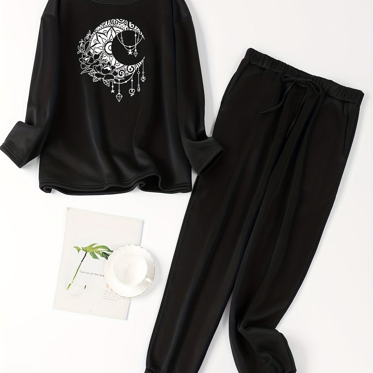  Floral Moon Print Fleece Lounge Set