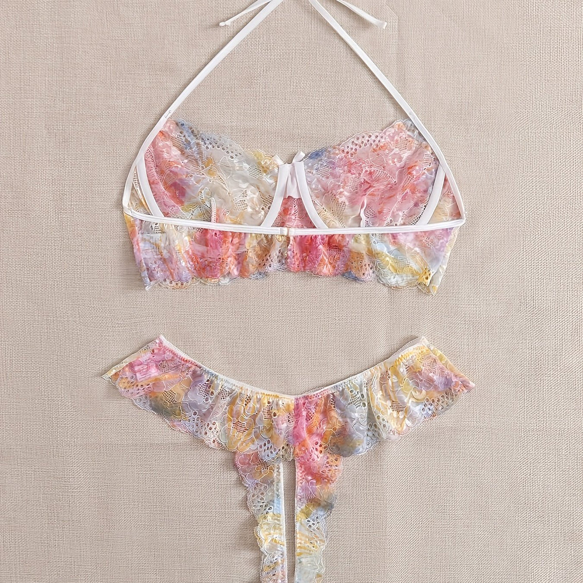  Tie Dye Floral Lace Halter Bra & Panty Set