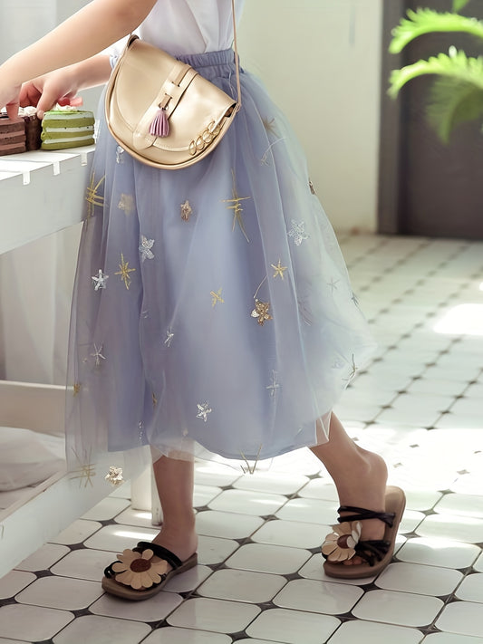 Girls Star Decor Tulle Skirt High Waist Mesh Layered Maxi Skirt
