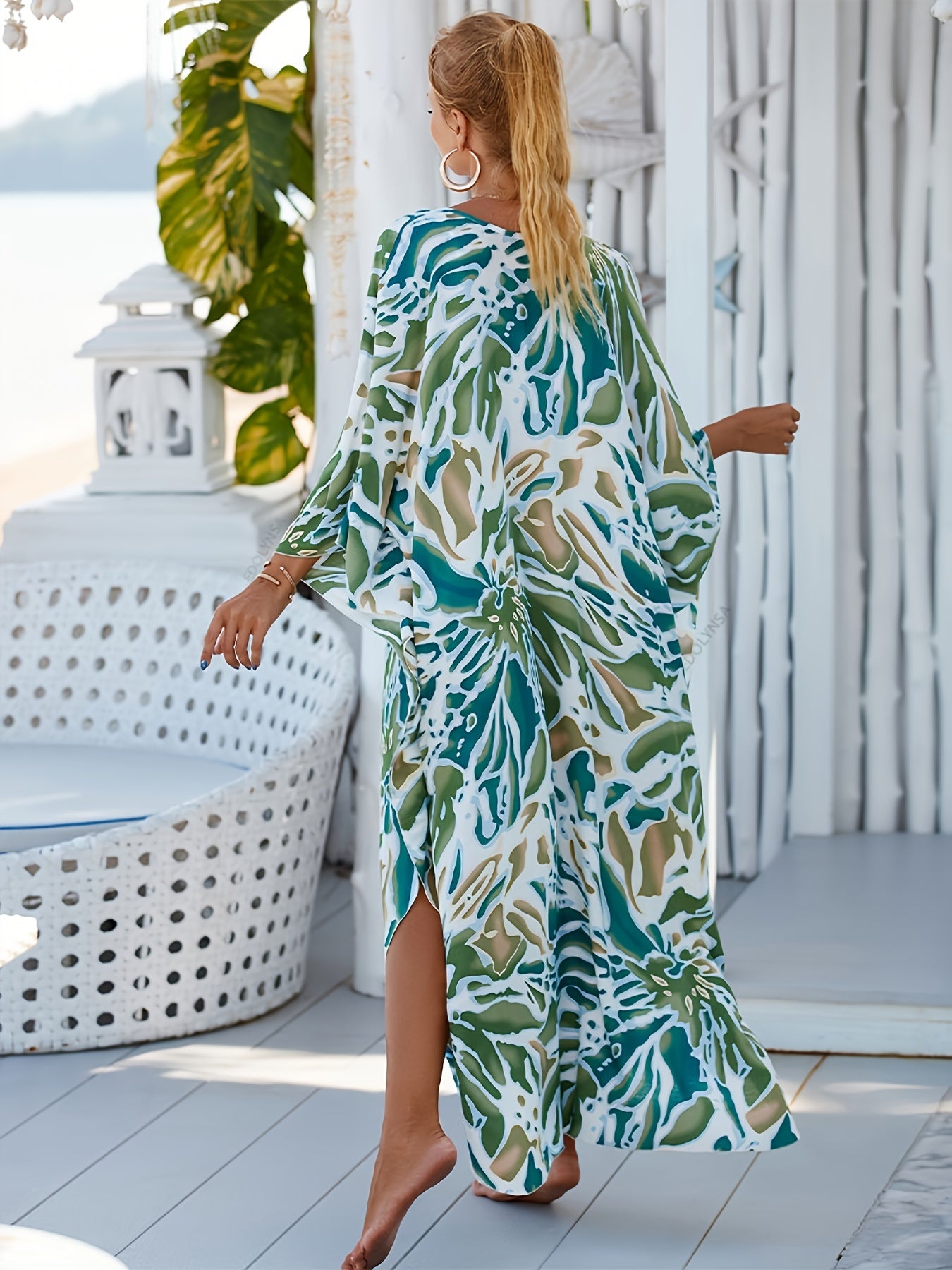 Boho Print V Neck Bat Sleeve Plus Size Dress