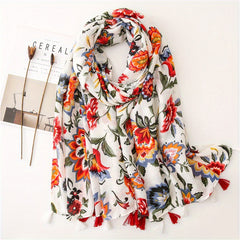 Boho Flower Print Tassel Scarf Vintage Gauze Shawl Hijab Turban