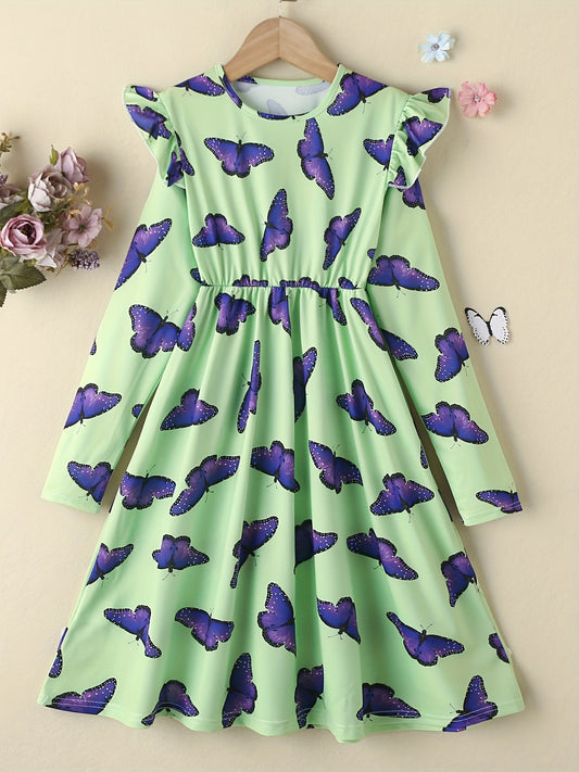 Girls Butterfly Print Ruffle Princess Dress Long Sleeve Holiday Party Outfit