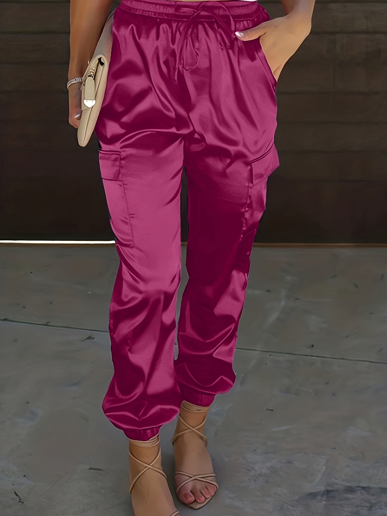 Women's Plus Solid Satin High Rise Cargo Jogger Trousers