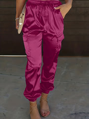 Women's Plus Solid Satin High Rise Cargo Jogger Trousers