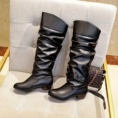 Women's Slouchy Mid Calf Boots Low Heeled Pull On Boots