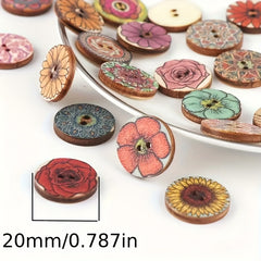 50pcs Retro Flower Discs Wooden Craft Buttons Assorted Colors DIY Projects