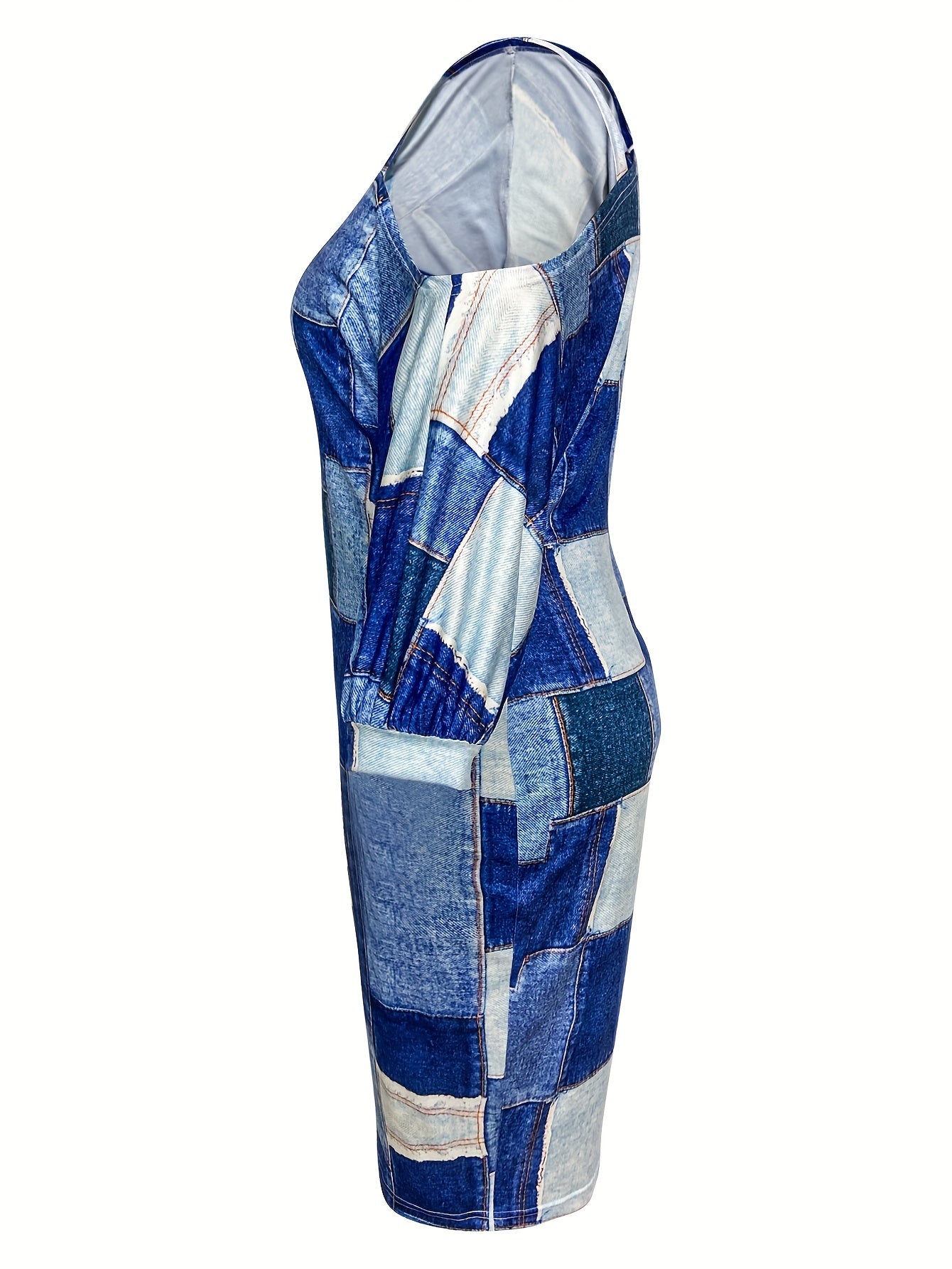  Denim Print One Shoulder Midi Dress
