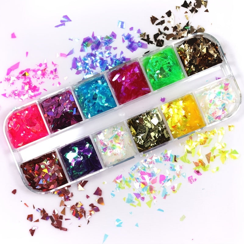 12 Grids Holographic Nail Glitter Flakes for 3D Nail Art