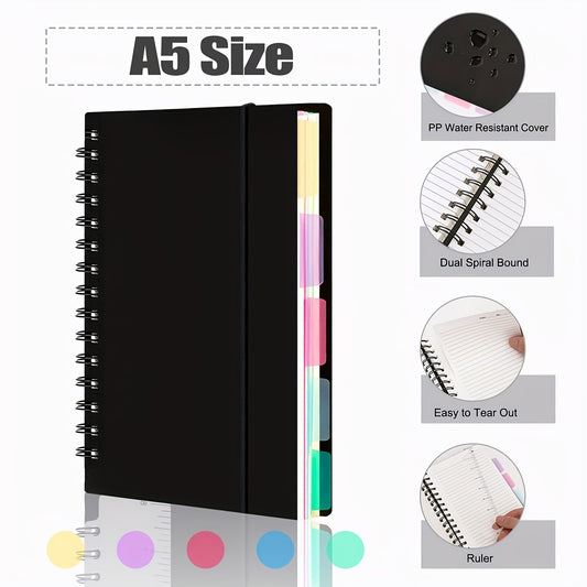 A5 Spiral Notebooks with 5 Colored Dividers - 240 Pages
