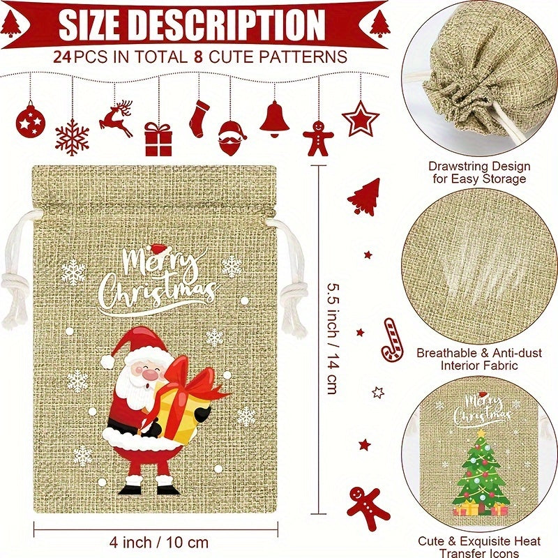 24pcs Christmas Burlap Gift Bag Drawstring Christmas Flax Bag