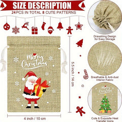 24pcs Christmas Burlap Gift Bag Drawstring Christmas Flax Bag