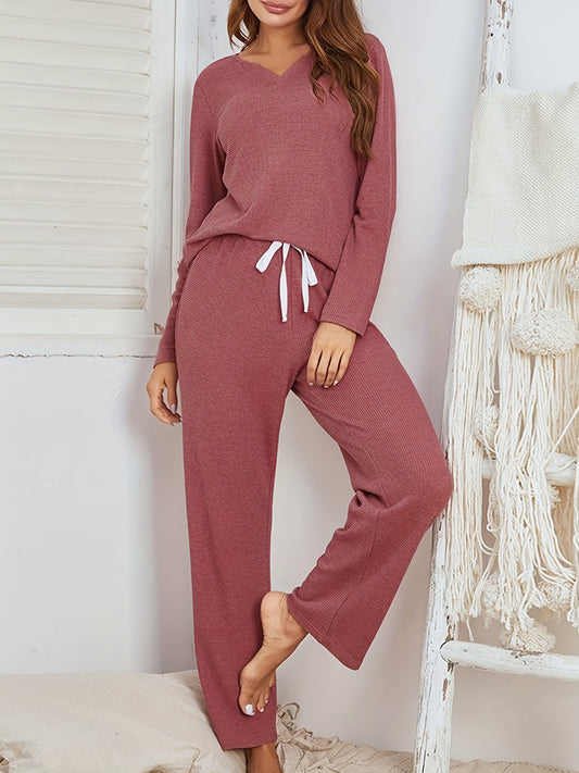 Waffle Lounge Set Long Sleeve V Neck Top & Pants