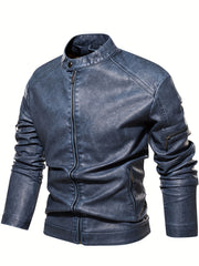 PU Biker Jacket Men's Casual Zip Up Stand Collar Faux Leather Jacket