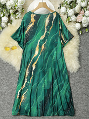  Cartoon Figure & Marble Print V Neck Dress With Pockets