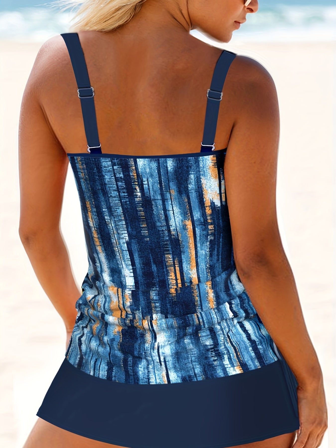 Plus Tankini Set with Ring Decor Round Neck Ruched Side Cami