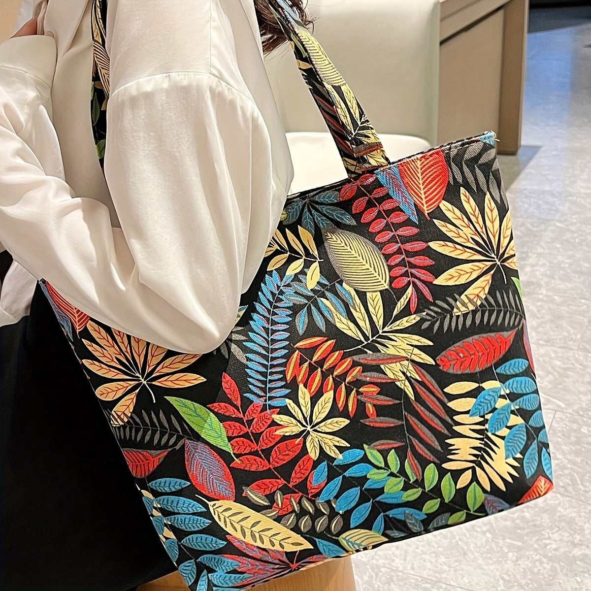 Vintage Leaves Pattern Lightweight Tote Bag All Match Handbag